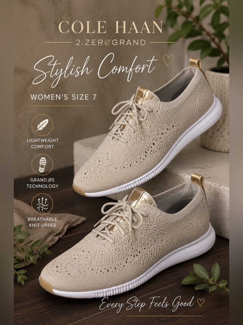 Cole Haan 2.ZERØGRAND Stitchlite Oxford Sneakers Women’s 7 Gold Knit